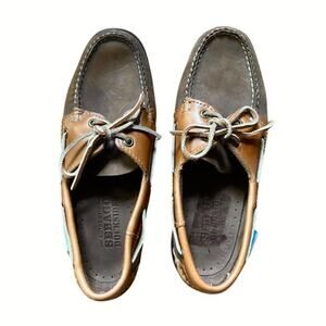 Dark Grey/Cognac Brown Leather Sebago Docksides with Rawhide Laces (Men’s 8.5)